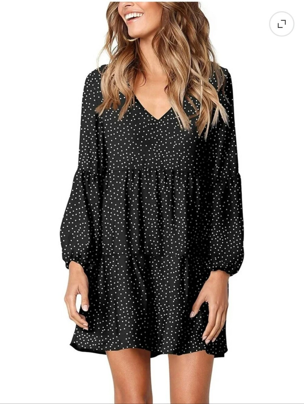 Women’s Black Polka Dot V-Neck Smock Tiered Long Sleeve Dress